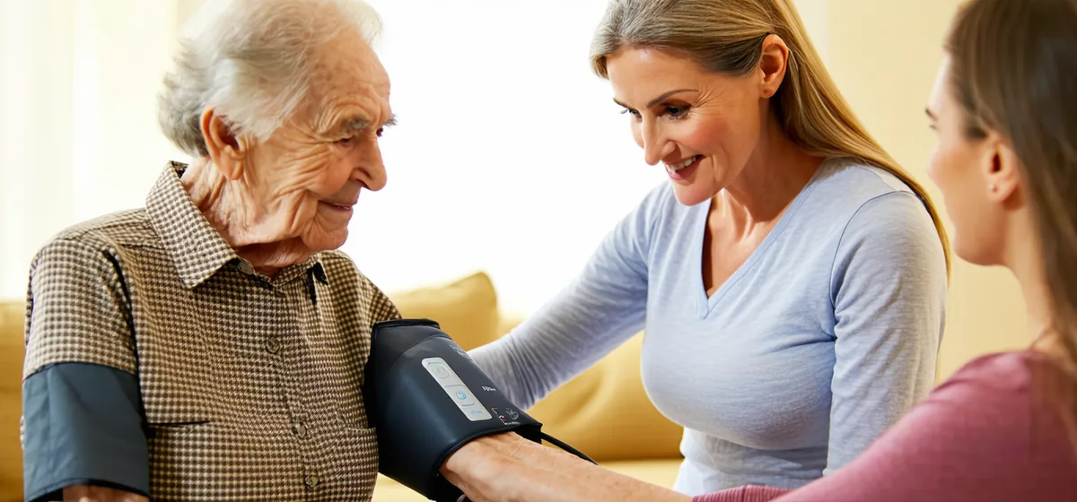 Elderly patient at home checking blood pressure with a connected cuff while family member assists