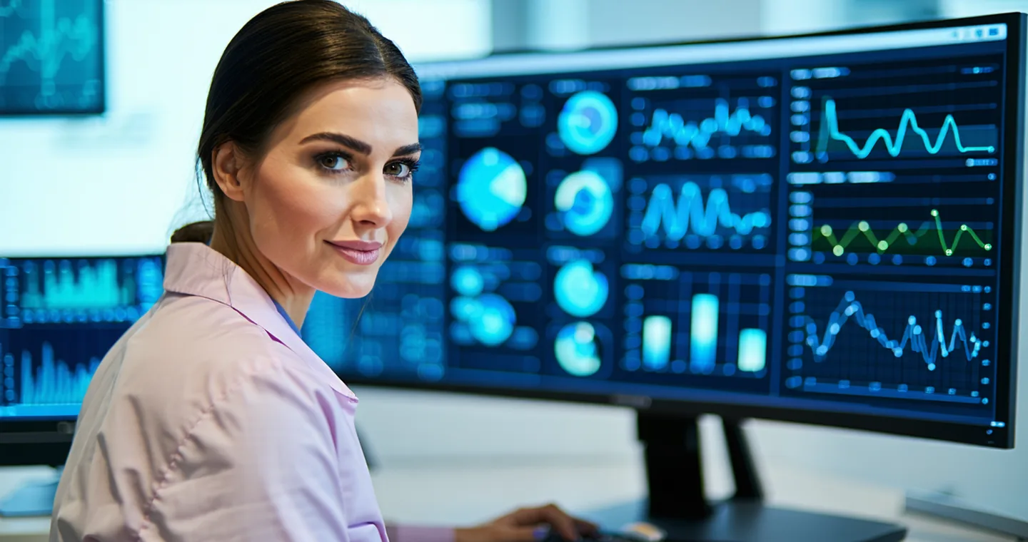 Clinical care coordinator reviewing patient monitoring dashboard on desktop screen in modern hospital office